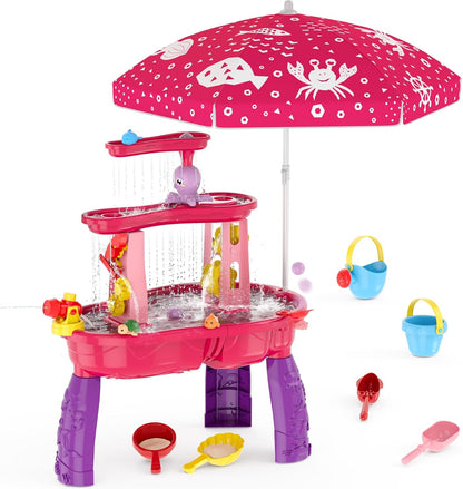 Water Table for Toddlers 3-5, 3-Tier Kids Splash Sand Table Water Toys with Umbrella, Rain Showers Splash Pond for Outdoor Beach Backyard Summer, Activity Sensory Playset for Boys Girls, Blue