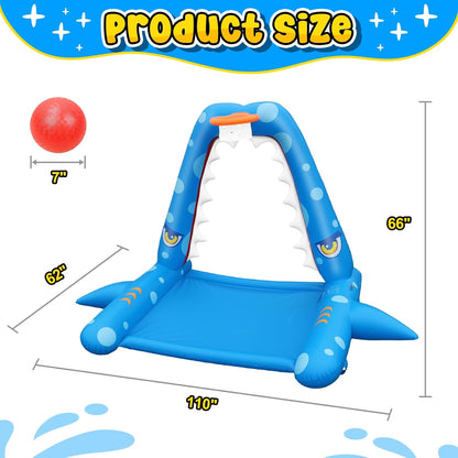 JOSEN Sprinkler for Kids Outdoor Play, Giant Inflatable Shark Water Toys Splash Pad with Basketball Hoop, Fun Sprinkler Summer Outdoor Game for 3-8 Years Old Children Boys Girls Gift