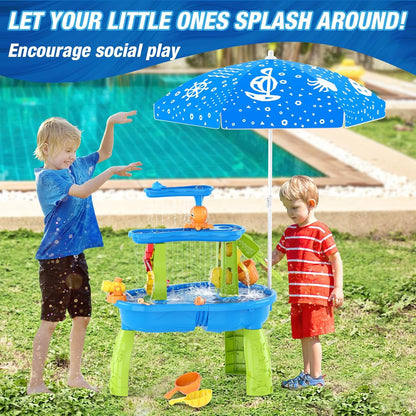 Water Table for Toddlers 3-5, 3-Tier Kids Splash Sand Table Water Toys with Umbrella, Rain Showers Splash Pond for Outdoor Beach Backyard Summer, Activity Sensory Playset for Boys Girls, Blue