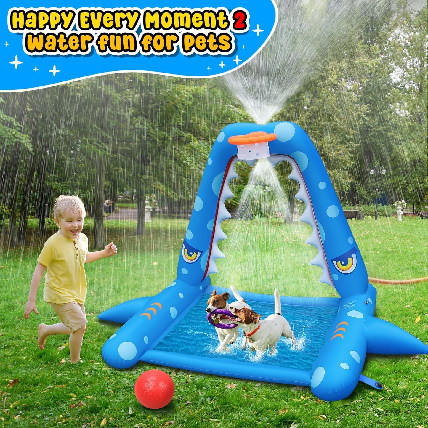 JOSEN Sprinkler for Kids Outdoor Play, Giant Inflatable Shark Water Toys Splash Pad with Basketball Hoop, Fun Sprinkler Summer Outdoor Game for 3-8 Years Old Children Boys Girls Gift